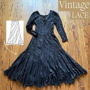 Vintage 90s Black Lace Bias Twirl Dress Whimsy Goth Shabby Chic Victorian Gypsy